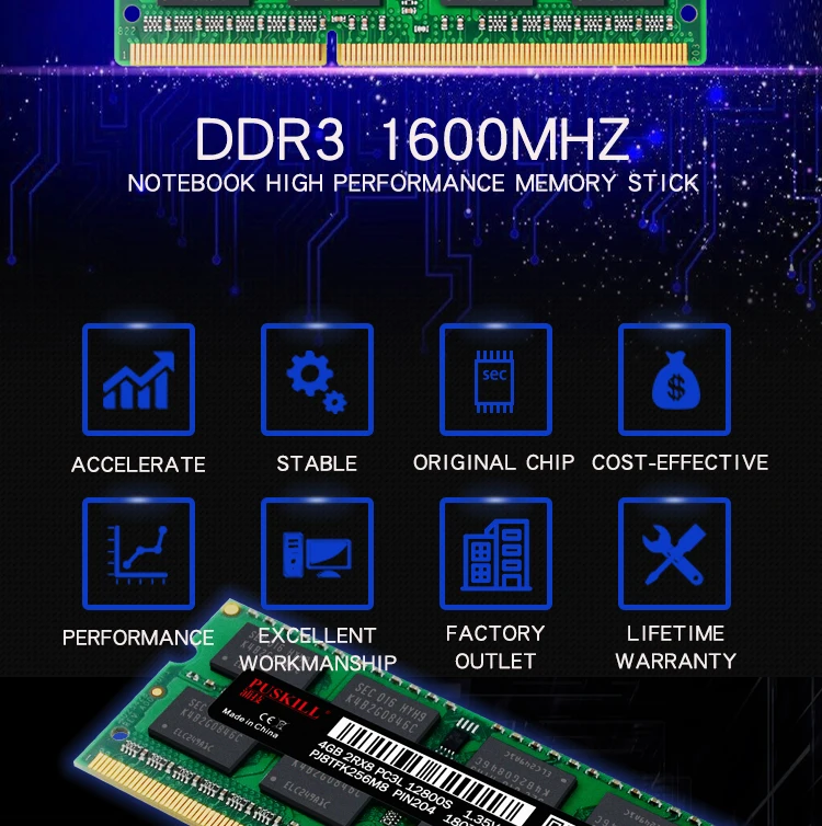 PUSKILL SODIMM DDR3L 2 ГБ/4 ГБ/8 ГБ 10600 1333 12800 1600 для ноутбука оперативная память