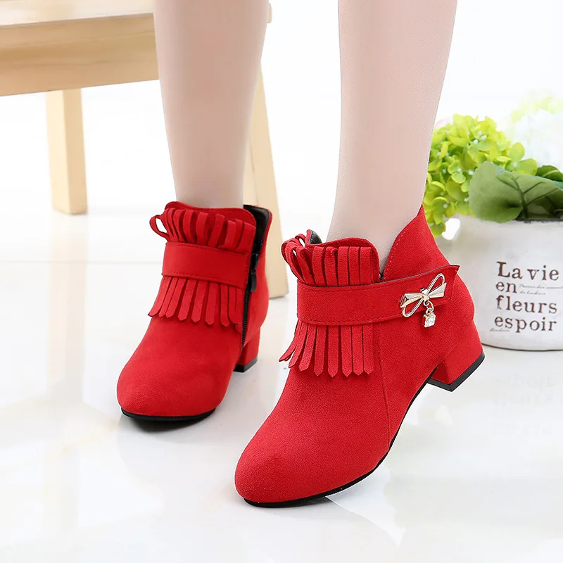 

Tassel Children Girls High Heels Boots Fashion Elder-Kids Shoes Bow Student Winter Autumn For Ladies Small-Feet Mature