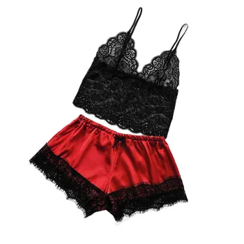 

Sexy Lingerie Pajamas For Women Satin Lace V-Neck Camisole Bowknot Shorts Set Sleepwear Pajamas Lingerie Sleepwear Pajama #L20