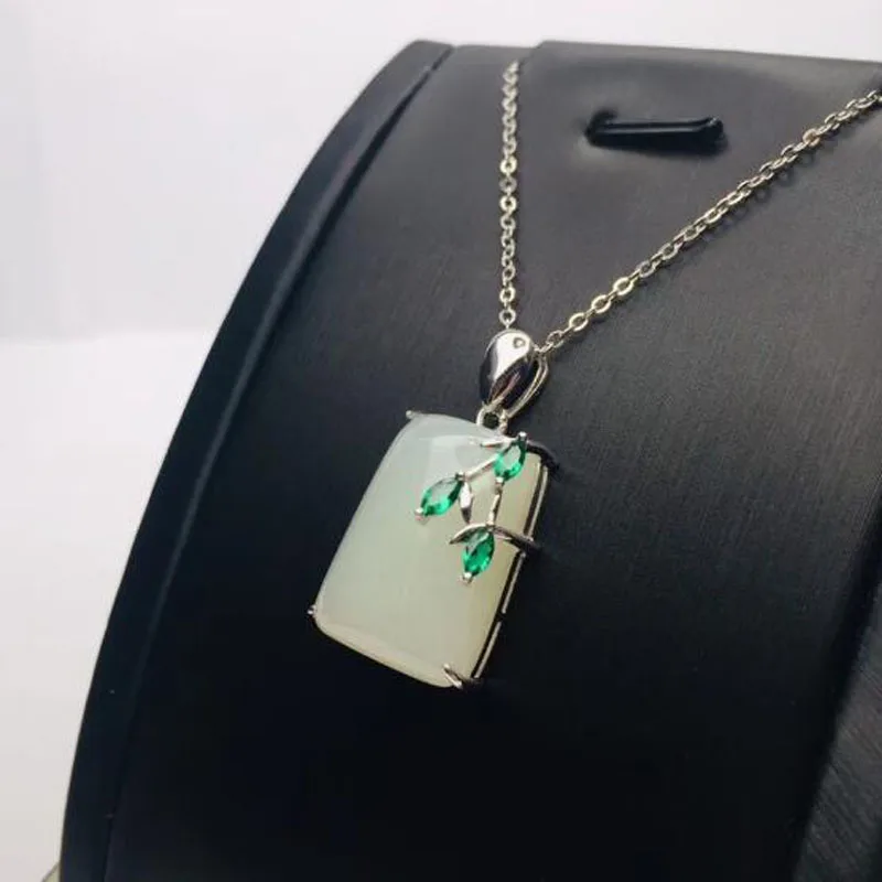 

Natural HeTian White Jade Rectangle Peace Pendant 925 Silver Inlay Zircon Pendant Necklace For Women Jewelry Christmas Gift