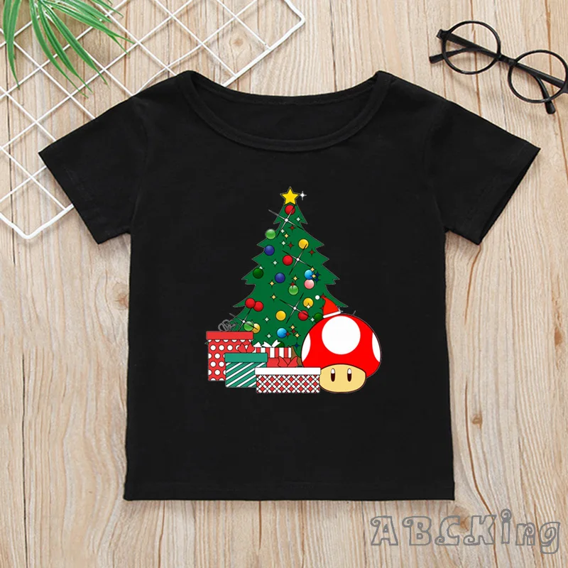 Kids Super Mario Bros/Luigi With Christmas Tree Print Cartoon T Shirt Boys/Girls Tops Children Funny Black T-Shirt,HKP5524