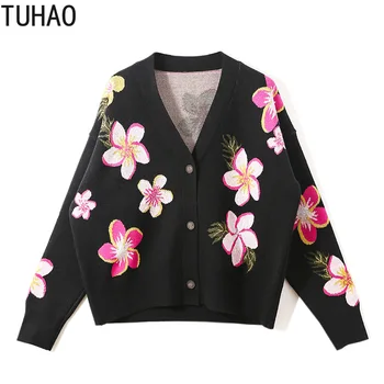 

TUHAO Fall and Winter Sweater V-neck Long Sleeve Large Size Flower Woman's Cardigan Thick Tops Sueter Mujer Invierno T2063