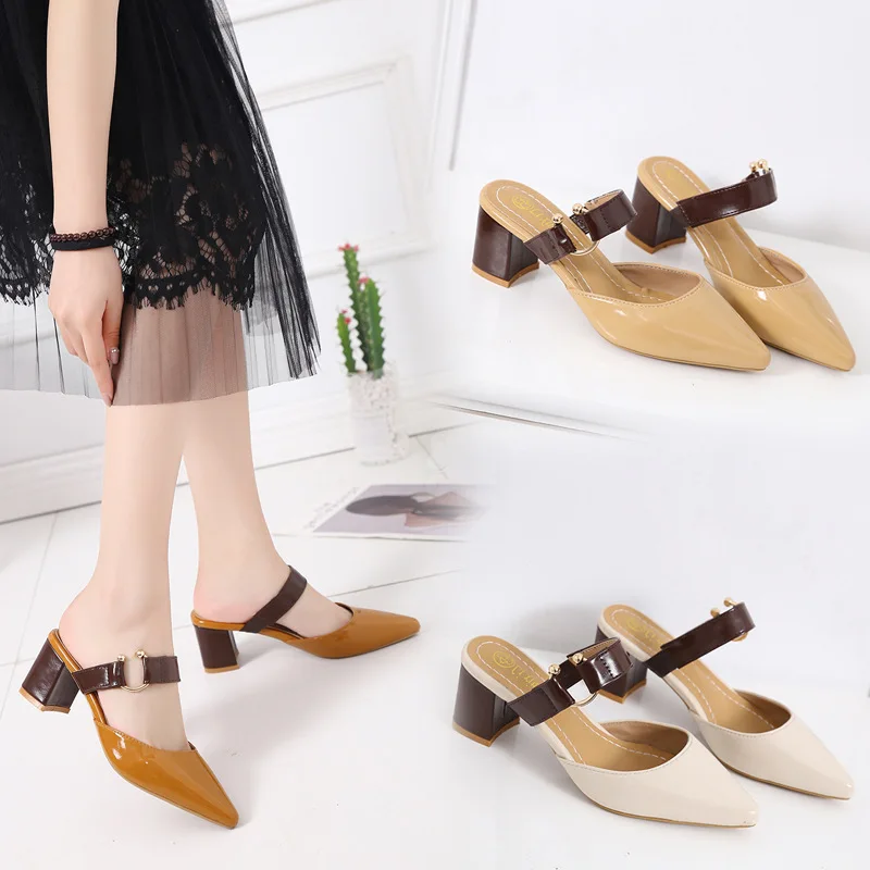 

2019 Summer Europe And America New Style Pointed Sandals Fashion Chunky-Heel Buckle WOMEN'S Shoes