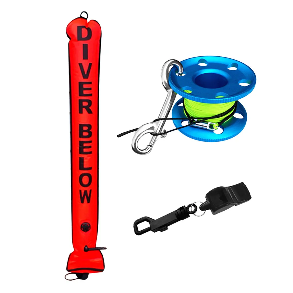 Orange Scuba Diving SMB Surface Marker Buoy + Finger Reel + Safety Whistle Snorkeling Spearfishing Cave Diving