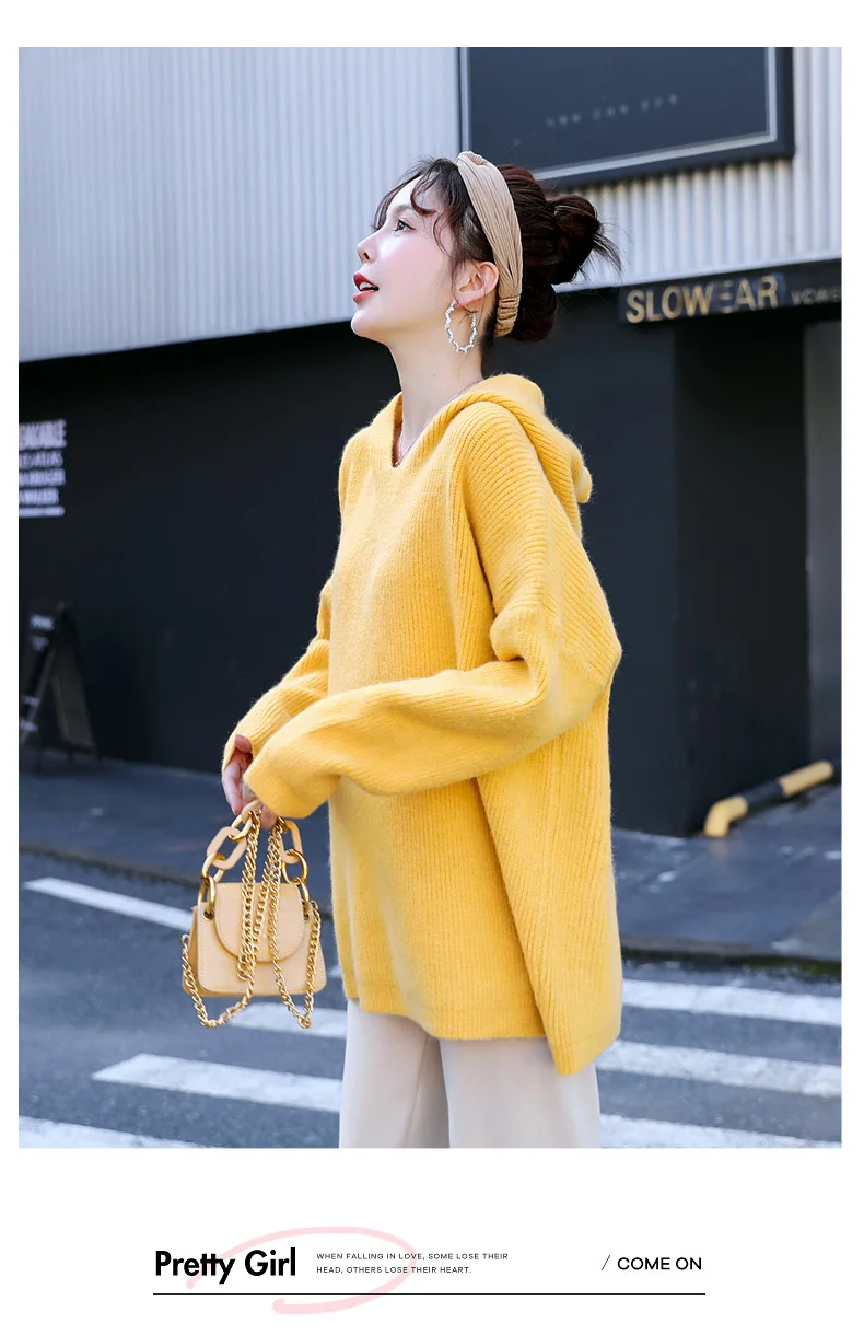 Hooded V-Neck Maternity Sweater Solid Color Maternity Clothes Winter Outerwear Loose Knitted Top Pregnancy Sweater Elegant