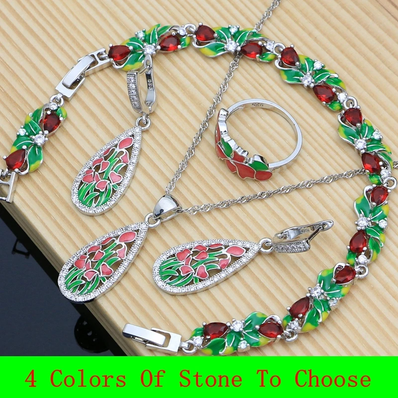 

Exquisite Women 925 Silver Wedding Jewelry Sets Red Ruby Enamel Bridal Earrings Charm Birthstone Topaz Bracelet Necklace Set