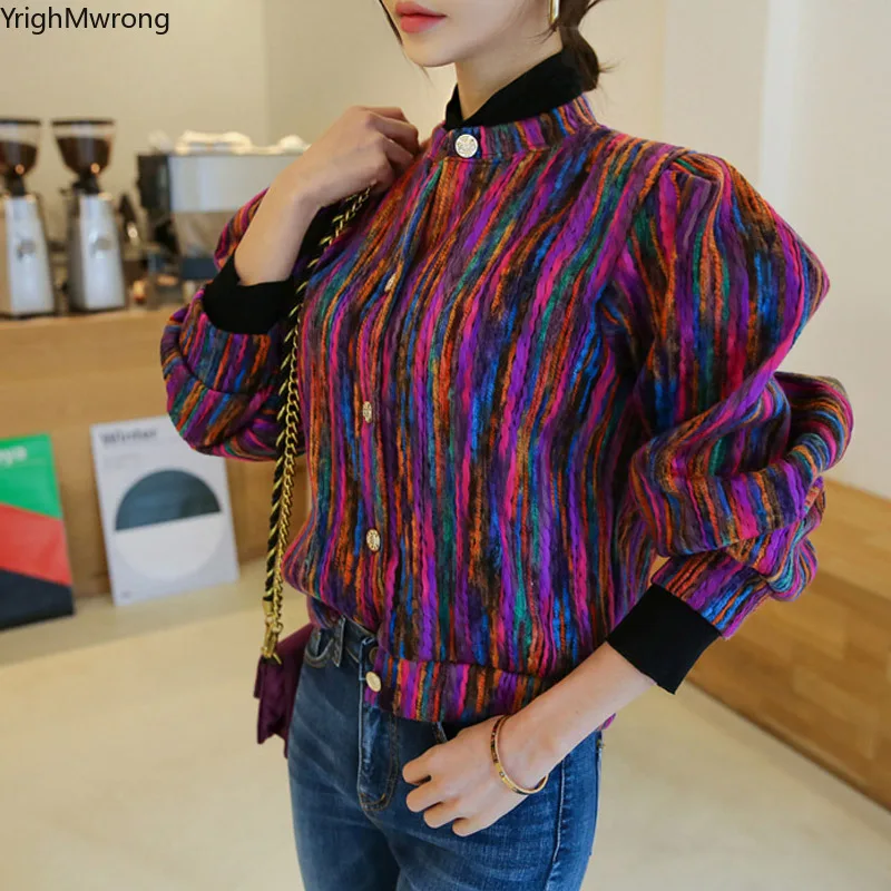 

Rainbow Block Multicolor Fashion Long Sleeve Button Jacket Knit Tweed Striped Women Plus Size Coat Autumn Korean Short Crop Top