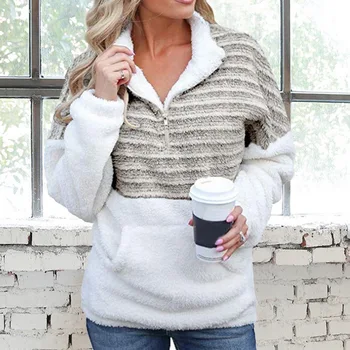 

2019 Winter Women's Sweatshirt Long Sleeve Zipper Warm Sweatshirt Soft Wool Turtleneck Jacket With Pocket Knitted Deep V-Neck