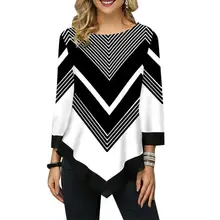 

Casual Women Autumn 3/4 Sleeve V Shape Stripes Print Irregular Hem Loose Blouse