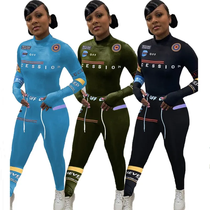 

Two Piece Set Women Outfit Super Stretch Bodycon Lace Up Pants Tracksuit Letter Print Fall Winter Clothes Wholesale Dropshipping