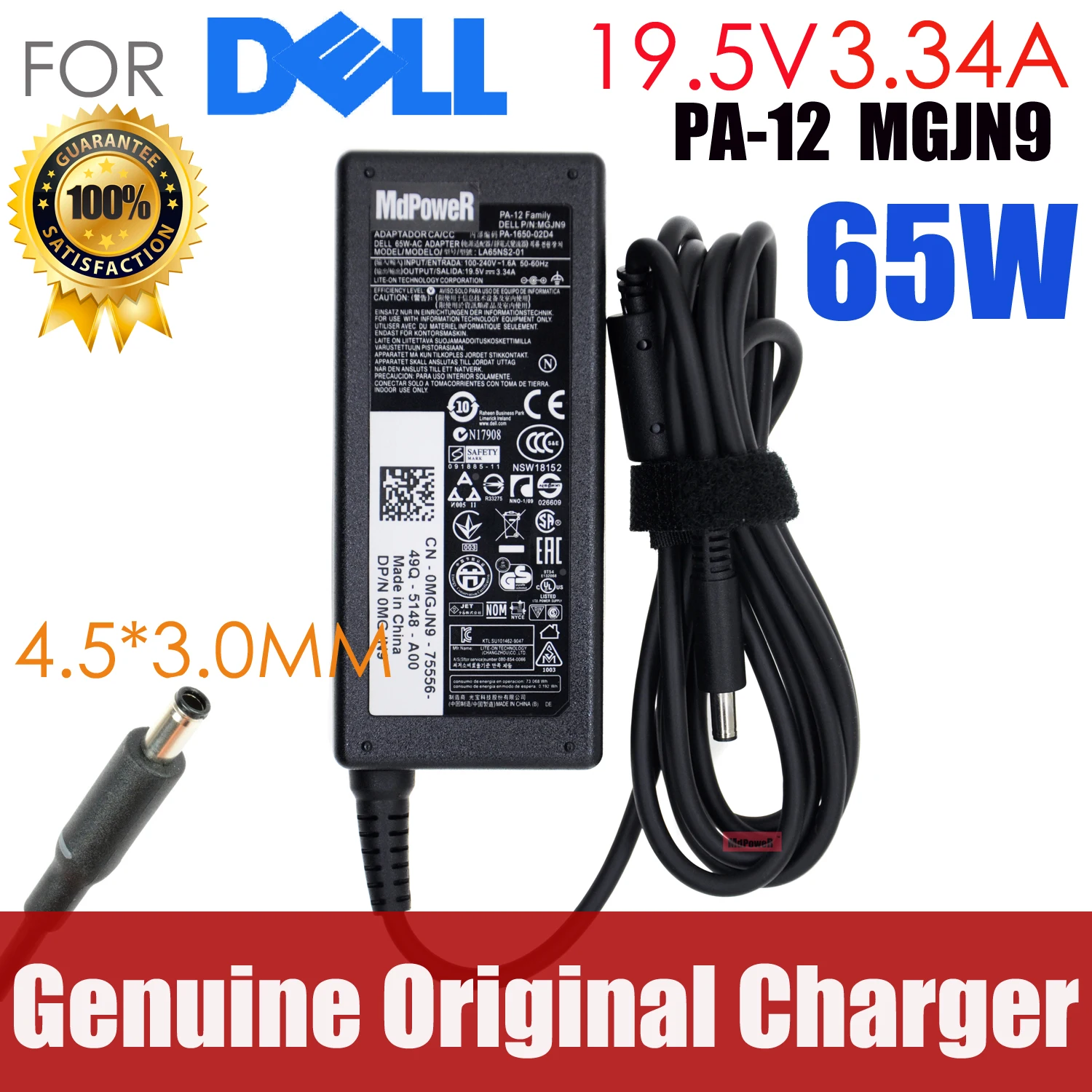 Original 19,5 V 3.34A 65W cargador de ordenador portátil ac adaptador para Dell Vostro 15 3561, 3562, 3565, 3568, 3572, 3578, 5568, 5370 XPS 13 DE 9333, 9344