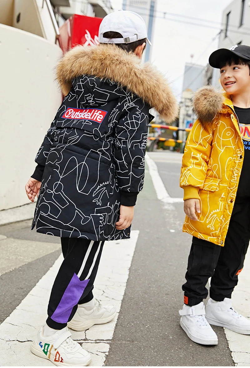 New Winter Kids Boys Down Coat With Fur Collar Graffiti Kids Girls White Duck Down Jackets Thicken Children Outerwear Coat