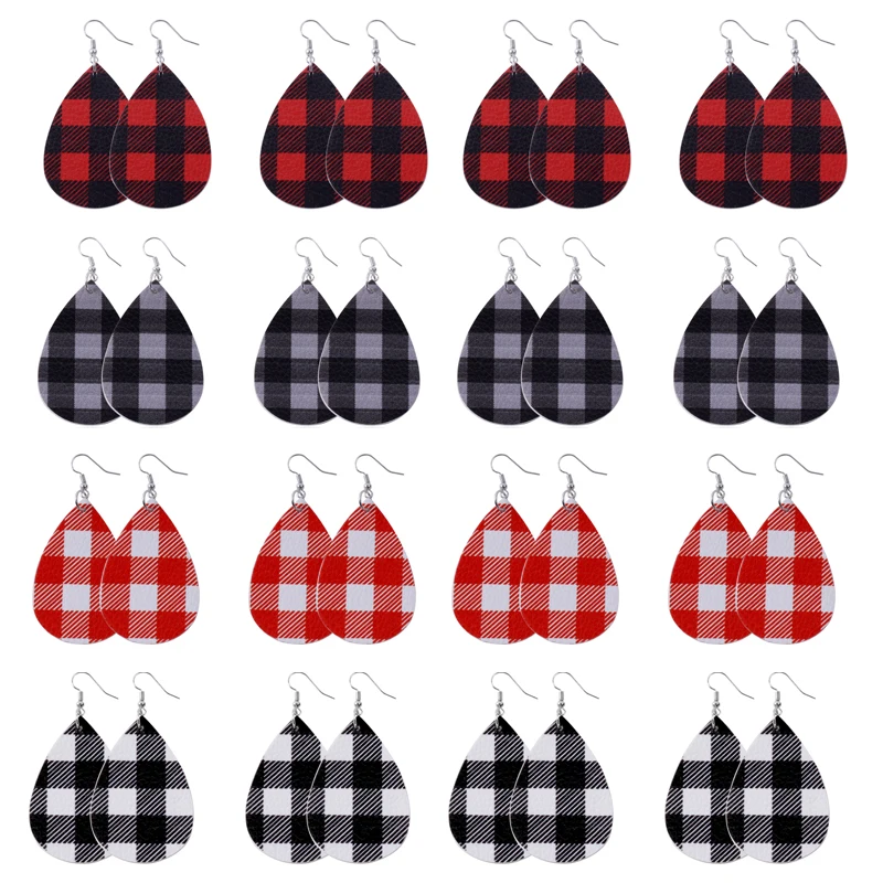 8 пар женских кожаных сережек Buffalo Plaid Brincos красный и черный капли воды Серьги Каплевидные модные кожаные серьги