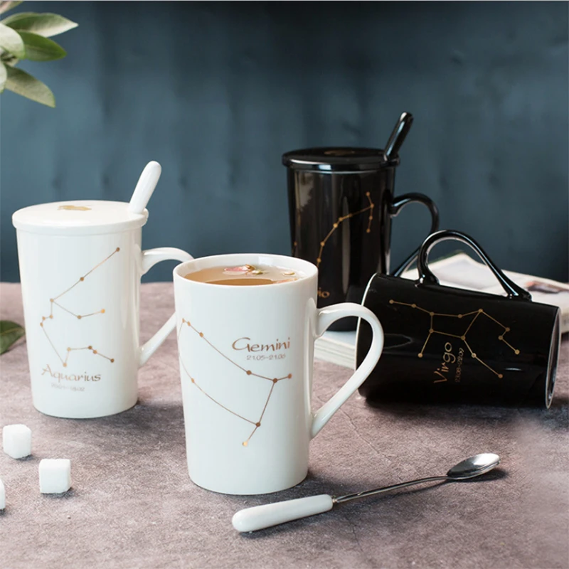 

Luxury Constellation Ceramic Cup 12 Constellation Creative Cup with Spoon Cover Black and Gold Porcelain Zodiac Milk Coffee Cup