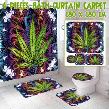 

180*180 Green Tropical Plants Shower Curtain Bathroom Waterproof Polyester Shower Curtain Leaves Printing Non-Slip Mat Rug Kit