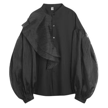 

EWQ / men's and women's wear Full Lantern Sleeve Stand Collar Lace Ruffles Button Loose Shirt 2020 Spring Vintage FS601