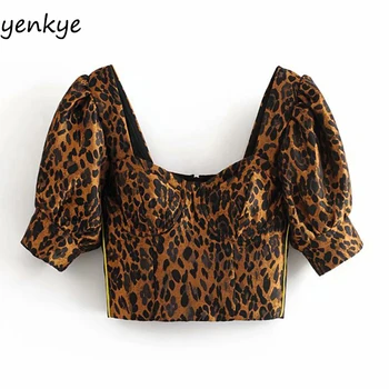 

Fashion Women Vintage Leopard Top Lady Puff Sleeve Square Neck Streetwear Sexy Crop Top LDZZ6132