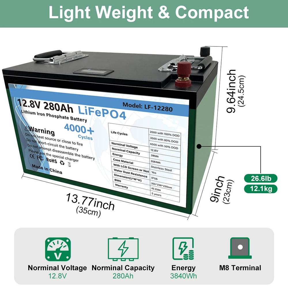 12v 280Ah Lifepo4 Battery Cells Built-in BMS Lithium Power Batteries Waterproof Rechargeable Battery Pack For Car VR EU No Tax