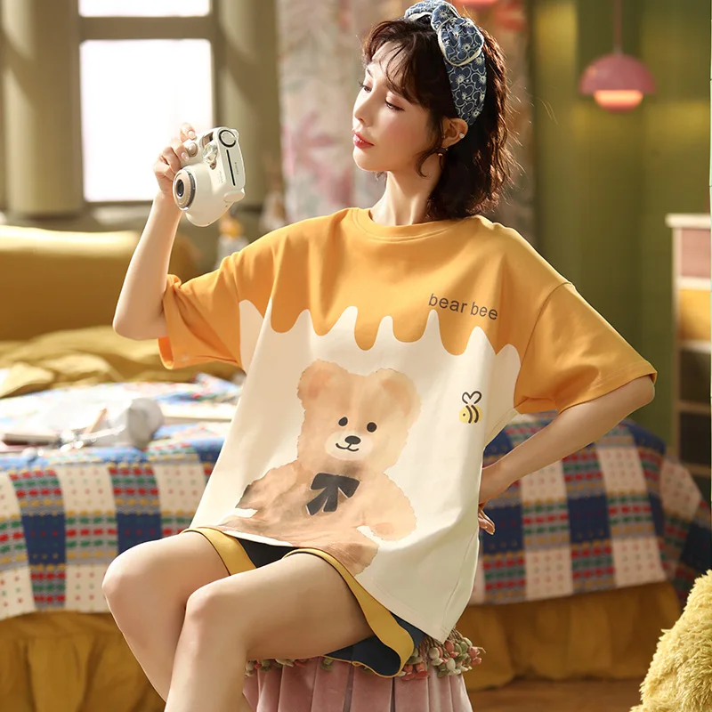 Teddy Bear Pajamas Women's Summer Korean Style Short Sleeve Cute Cotton Suit Loose Thin Homewear Spring and Autumn Can Be Worn | Женская
