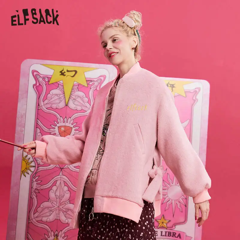 ELFSACK, розовое Однотонное шерстяное пальто с вышивкой на молнии для женщин, зима, зеленый цвет, на шнуровке, с длинным рукавом, повседневная женская теплая верхняя одежда