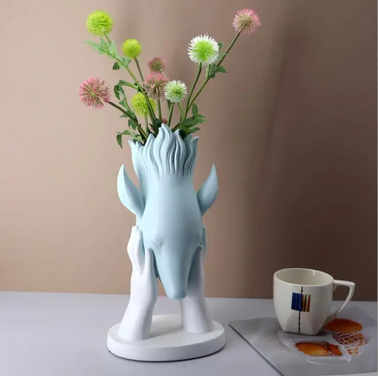 

Creative Deer Head Vase Resin Statue Accessories Home room Table Figurines Crafts Club Desk Fake Flower Arrangement Decoration