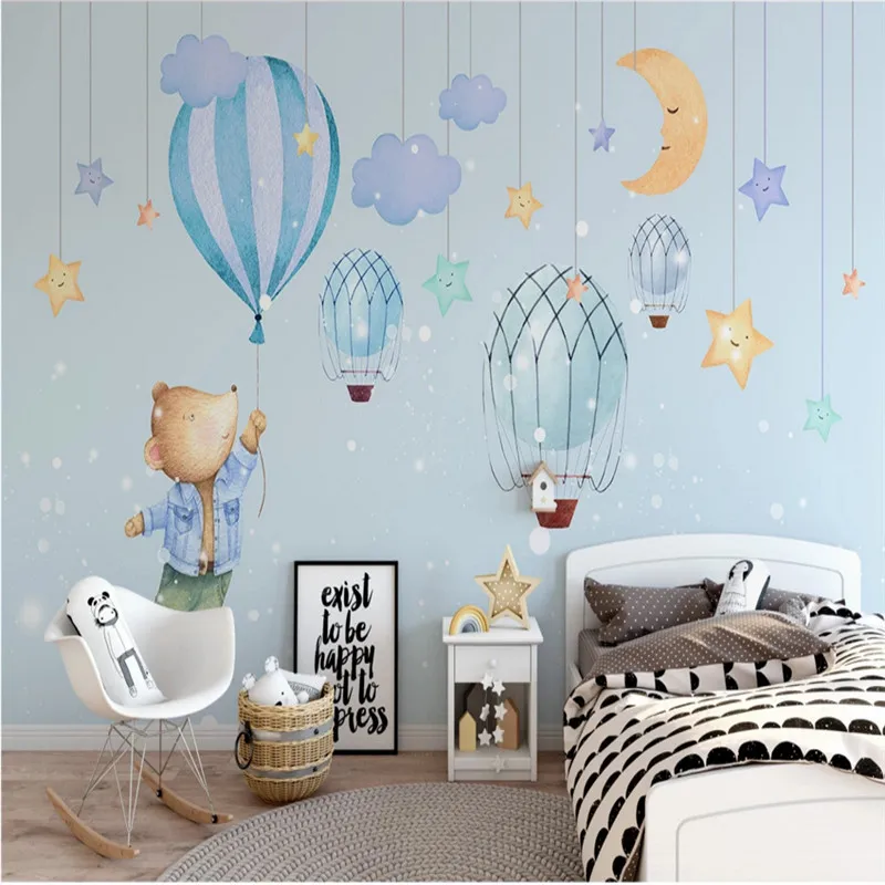 Скандинавские ручная роспись мультфильм сон небо маленькая мышь воздушный шар Детская комната Настенные обои для детской комнаты обои для