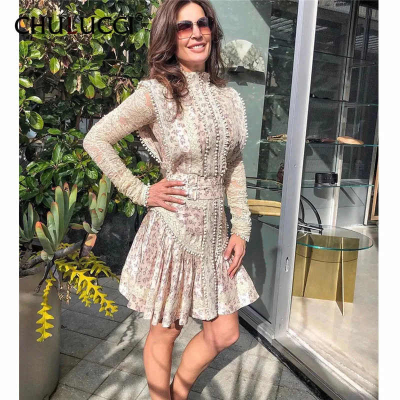 

8.10 Designer Dresses Women's Autumn Noble Full Sleeve Vintage Floral Printed Lace Embroidery Draped Belted Vestidoes