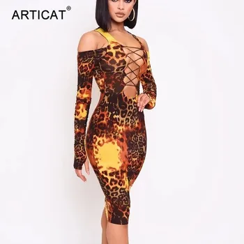 

Articat Leopard Printed Lace Up Bandage Dress Women Long Sleeve Off Shoulder Bodycon Midi Dress Sexy Female Club Party Vestidos