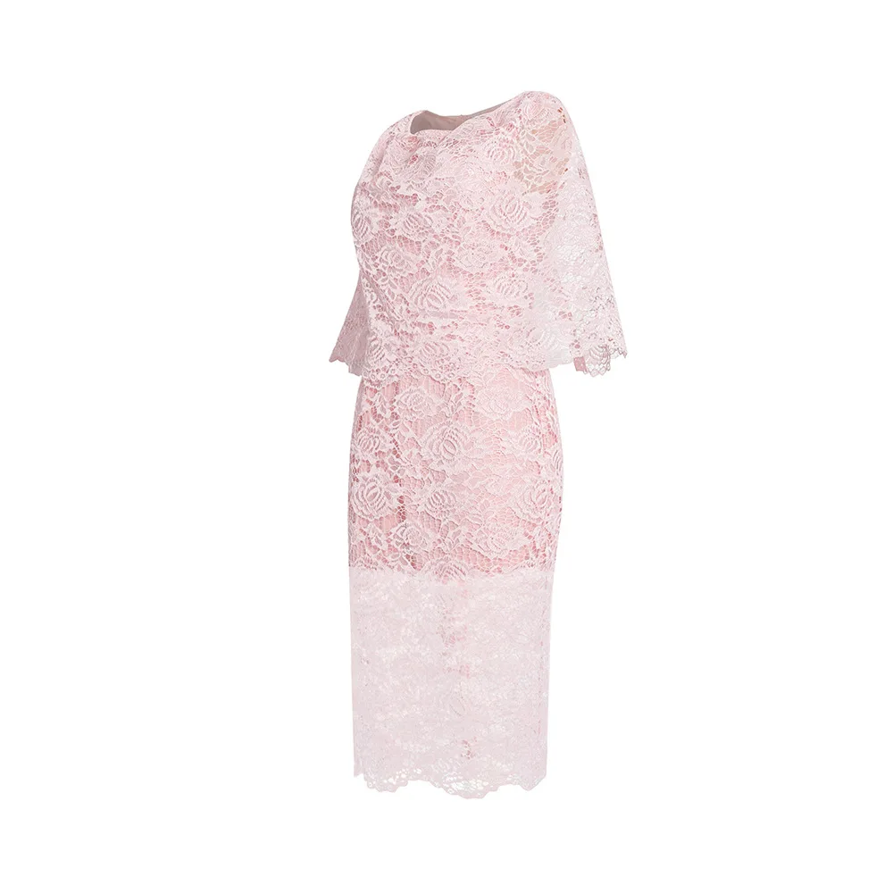 AliExpress Amazon Women's Shawl Elegant Lady Mid-Length Slim-Fit Sheath Lotus Pink Lace Dress
