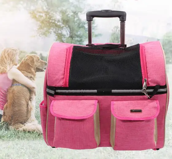 Многофункциональная коляска для домашних животных, переноска для собак, кошек, рюкзак с колесами для путешествий на открытом воздухе, переноска для домашних животных, модная Дорожная сумка на колесиках - Цвет: rose red