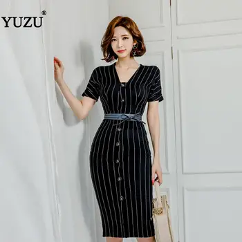 

Office Lady Pencil Black Striped Dress Summer 2020 Business V Neck Bow Belt Short Sleeve Single-breasted Knee-length Dresses