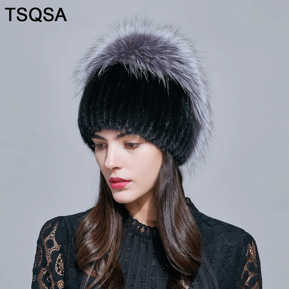 TSQSA новая зимняя теплая настоящая норковая шапка бини модная женская шапка из натурального меха норки женские шапки женские меховые шапки TAH1707