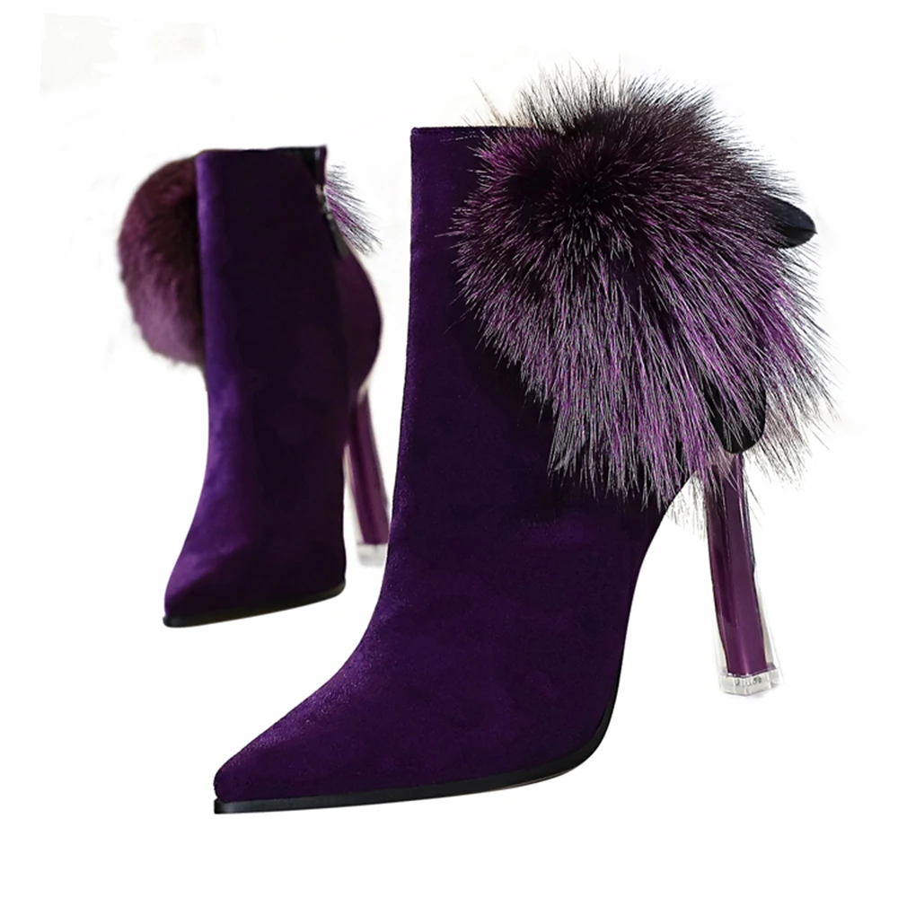 

2020 Fashion Women Thin High Heels Ankle Boots Real Rabbit Fur Top Winter Warm Plush Shoes Plus Big Size 34-40 Side Zip G0168