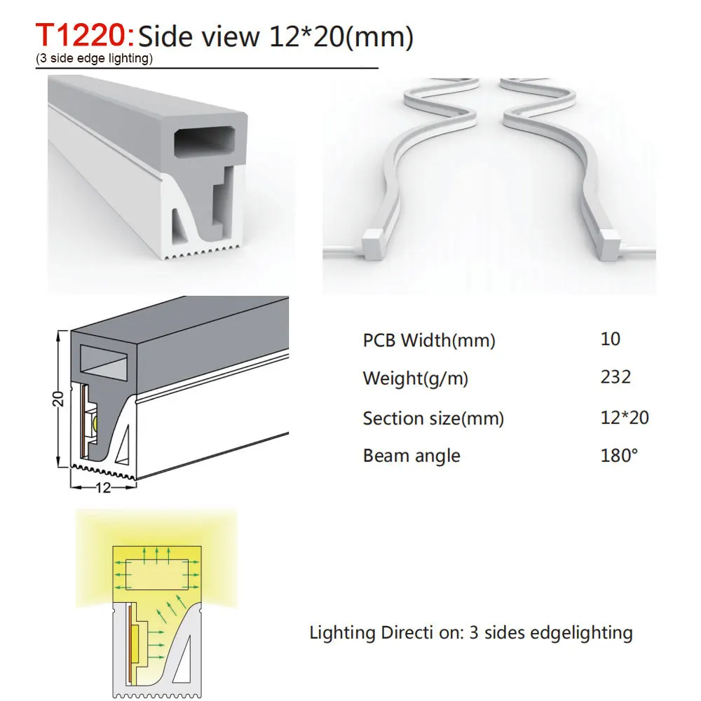 T1220 3Side 10mm WS2811 WS2812B SK6812 светодиодный неоновый веревочный светильник из силикагеля с гибкой полосой, мягкий светильник, IP67 водонепроницаемый светильник для украшения - Испускаемый цвет: T1220 3Side 10mm