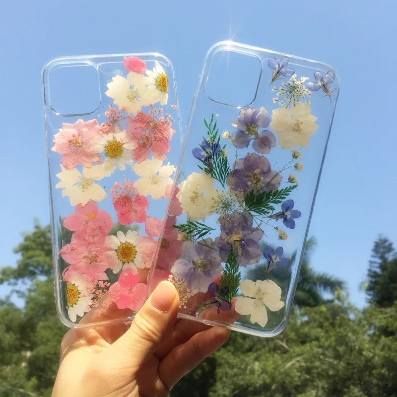 Прессованные сухие чехлы для телефонов с изображением цветов для iPhone 11 X XR XS Max 6 6S 7 8 Plus 11 Pro Max Блестящий настоящий цветочный прозрачный силиконовый чехол
