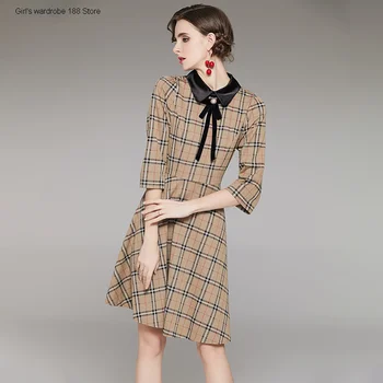 

Graceful dress women's plaid polo collar slimming French style new dress for spring and autumn 2020