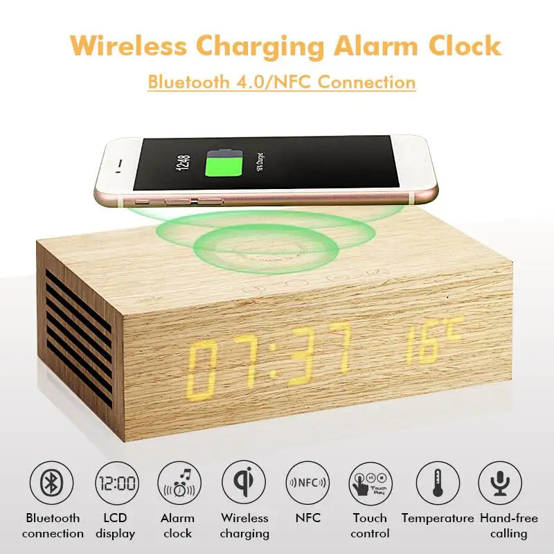 

Homtime Wireless Charging bluetooth Speaker Alarm Clock with Wood Grain Design Speaker and Bright LED Display For iPhone X Hands
