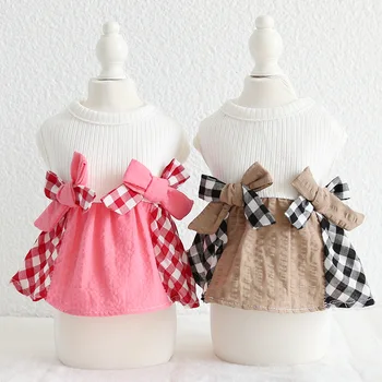 

Grid Bow Dog Dress Pet Products Summer 100% Cotton Clothing For Dogs Cat Chihuahua Teddy Pet Puppy Dog Clothes Rabbit