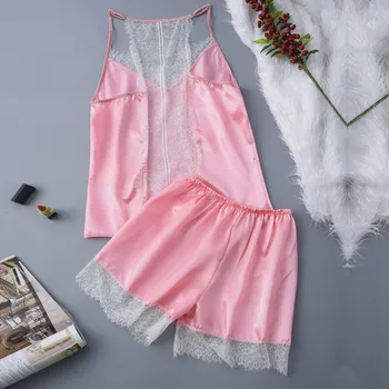 

New Sexy Women Stain Lace Silk Lingerie Pajamas Set Solid V-Neck Backless Sleeveless Camisole Shorts Sleepwear Ladies Nightwear