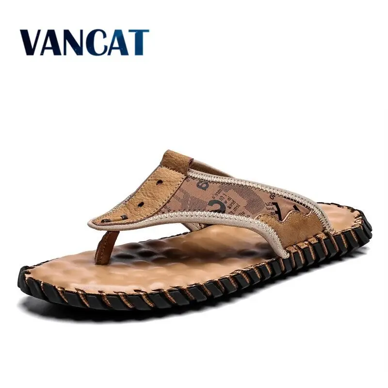 Мужские кожаные шлепанцы модные Нескользящие пляжные тапочки массажные уличные