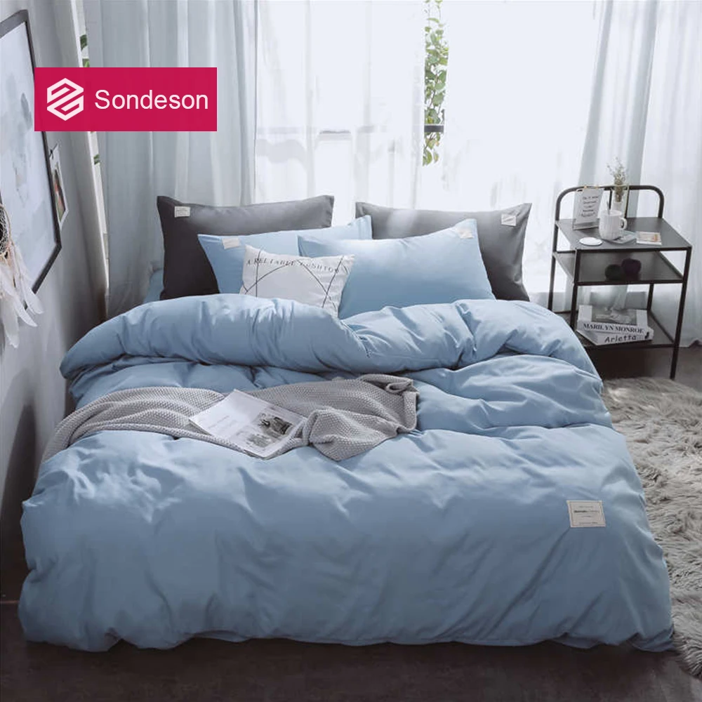 

Sondeson Fashion Simple Style Home Blue Bedding Set Soft Printed Duvet Cover Set Flat Sheet Double Queen King Bed Linen Set 4PCS