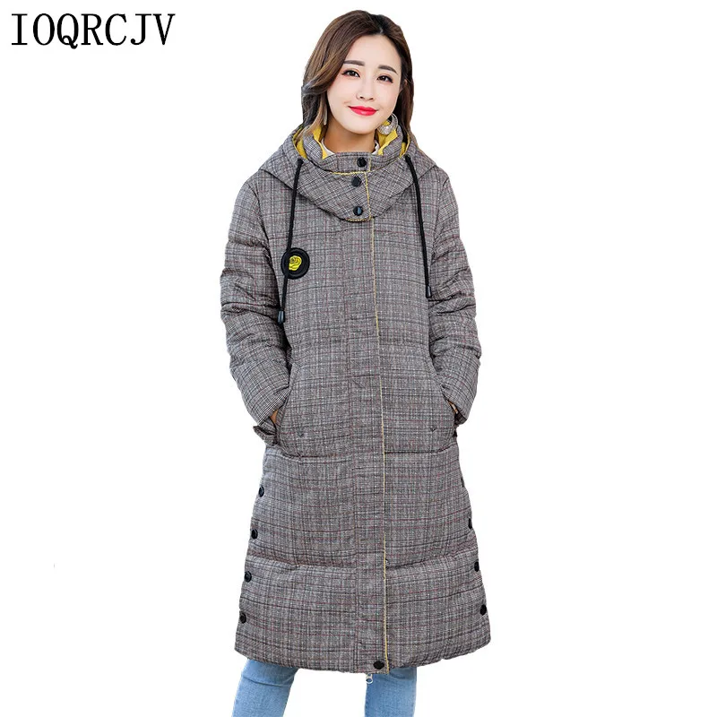 

Fashion Women Winter Parkas Coat 2019 New Arrival Solid Slim Long Thick Plaid Slim Down Cotton Parka With Hooded Jacket R1011