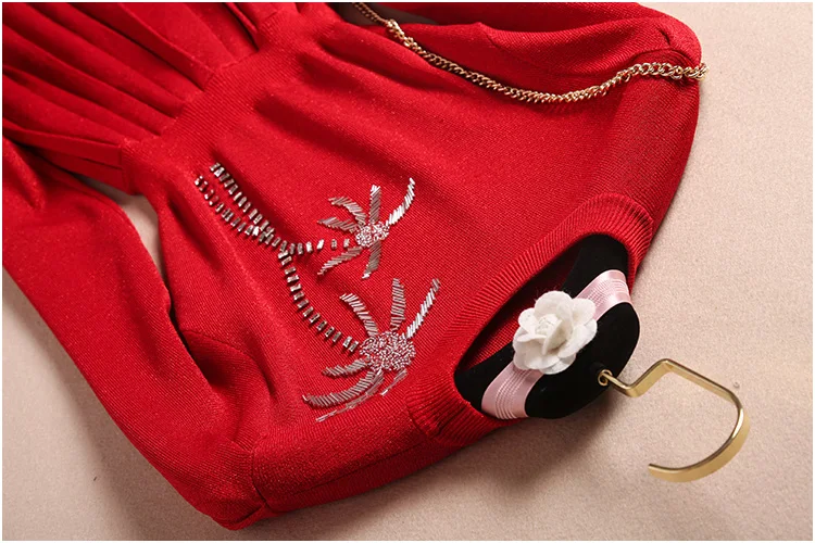 Женский шерстяной кашемировый вязаный свитер вечернее платье Ночная люрекс с длинным рукавом и отделкой из бус плиссированные элегантные платья до середины икры красные осенние