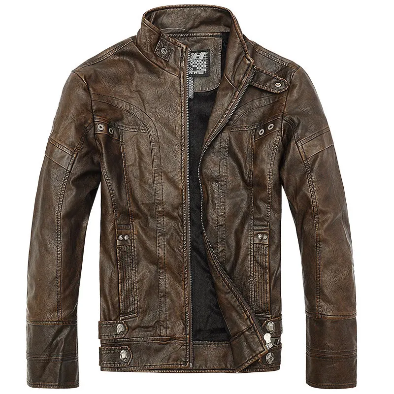 Кожаные мужские куртки новая мотоциклетная мужская хлопковая куртка осень зима флисовая кожаная куртка европейский размер Прямая - Цвет: Brown1