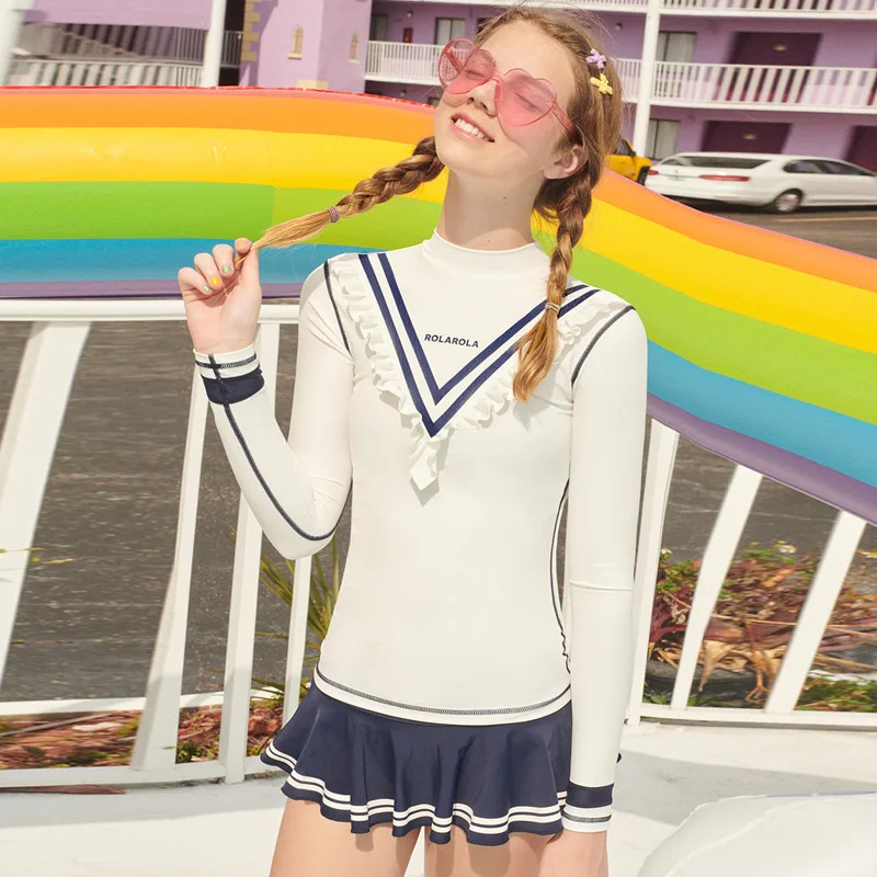 

South Korea Split Type Long Sleeve Sun-resistant Diving Suit Belly Covering Slimming Navy Style Jellyfish Dress-Beach Holiday Sw