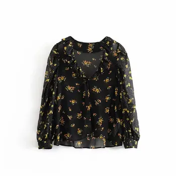 

new women v neck floral print patchwork casual chiffon blouses shirts women ruffles smock blusas chic femininas tops LS6050