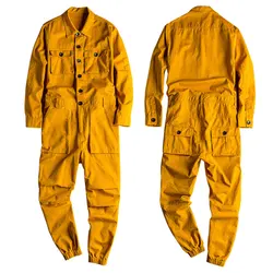 Spring Overalls Men's Jumpsuit Loose Long Sleeve Beam Feet Cotton Cargo Pants Green Black Yellow Workwear Trousers Size 5XL