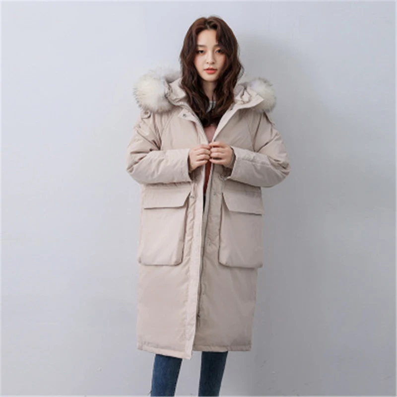

Winter Down Coat For Women's Long Outwear Thicked Warm Female Long Down Parkas Raccoon Fur Collar Women Long Down Coats Hooded