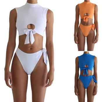 

2020 New Style Pure Color Bikini Women's Swimsuit Strap Knotted Swimsuit Backless Sexy Bikini
