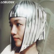 Женский парик для выступлений, украшение, золотистый, серебристый зеркальный парик, головные уборы, аксессуары для будущего космического солдата, крутой светоотражающий парик